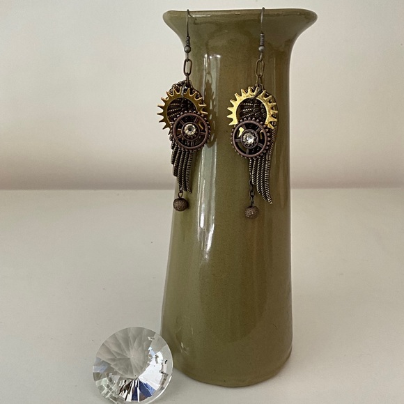 Steampunk Earrings. Angel Wings with Mechanical Gears Charms. One of a Kind - Picture 4 of 6